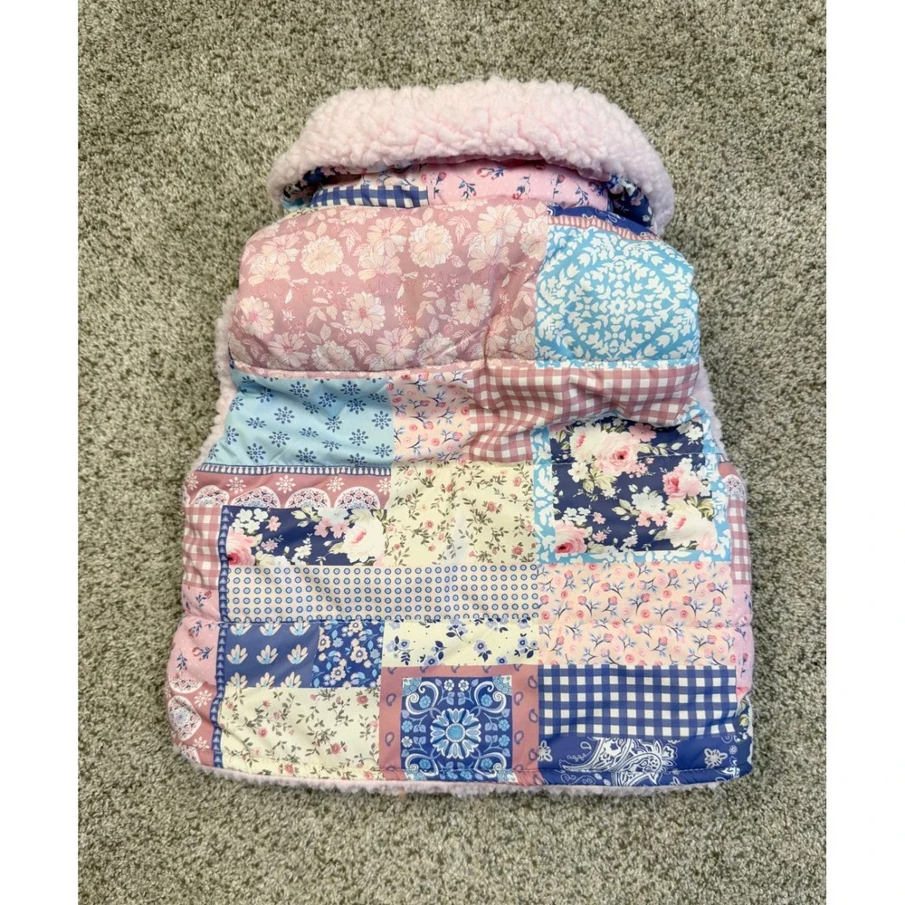 Becker Brands Quilted Vest Kids Pink Blue Excellent Patchwork Sherpa Lined Zip